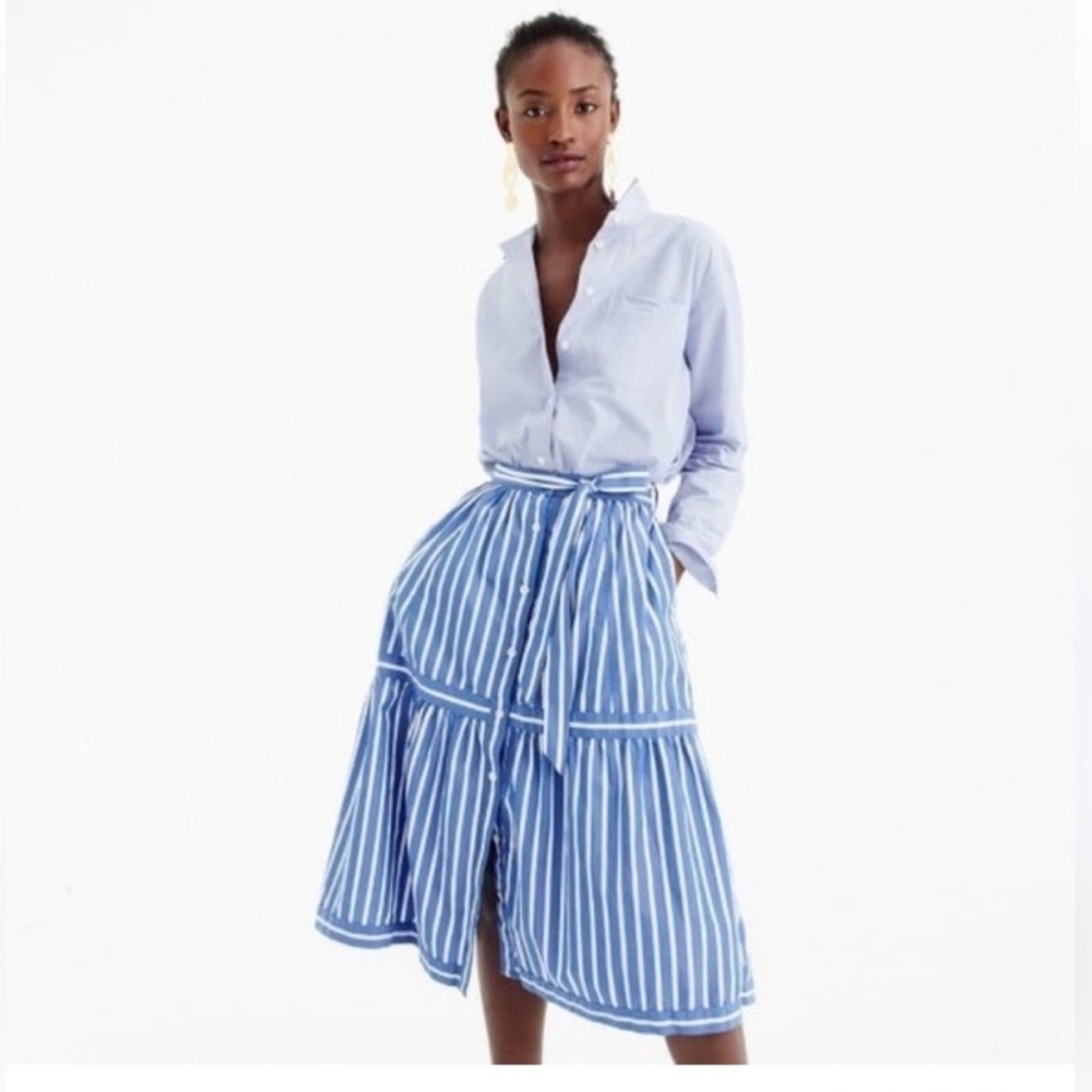 NWOT J. Crew Blue and White A-Line Midi Skirt with Tie Front